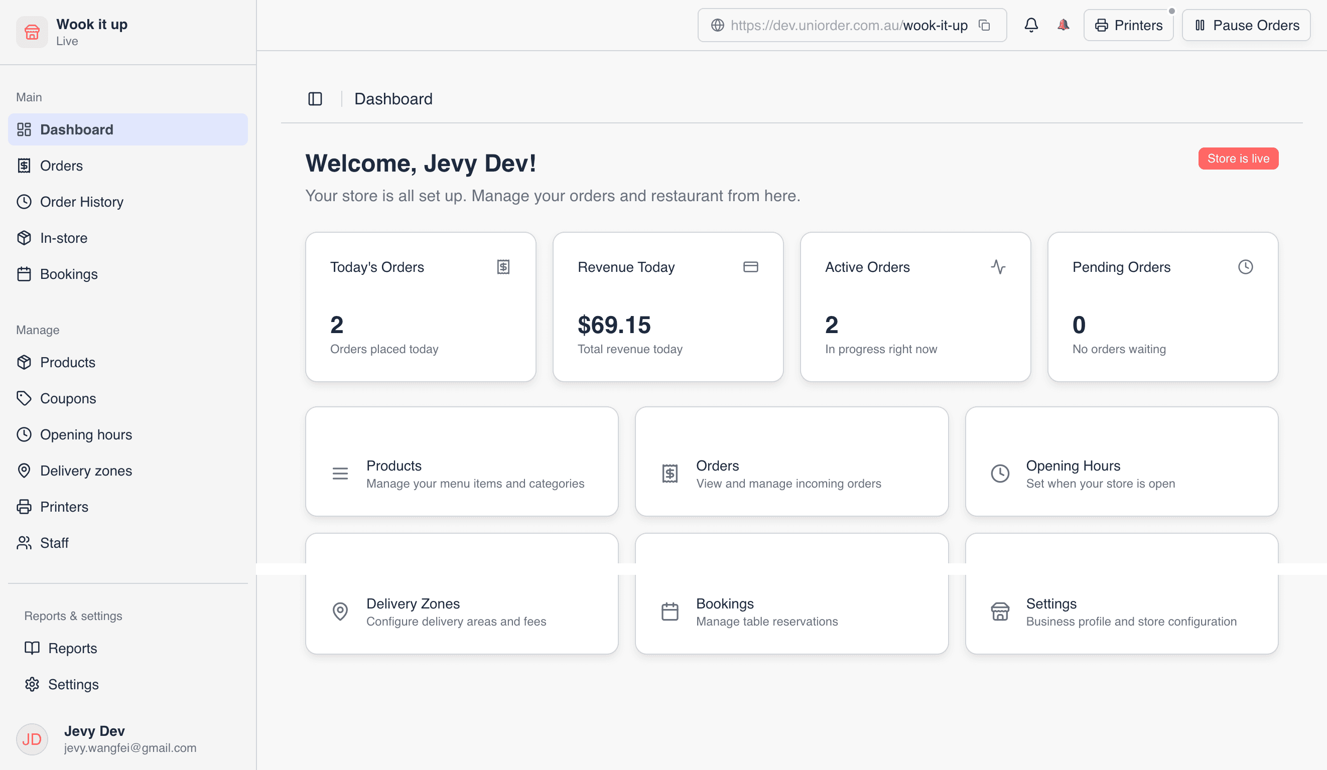 UniOrder dashboard with today's orders, revenue, and quick actions