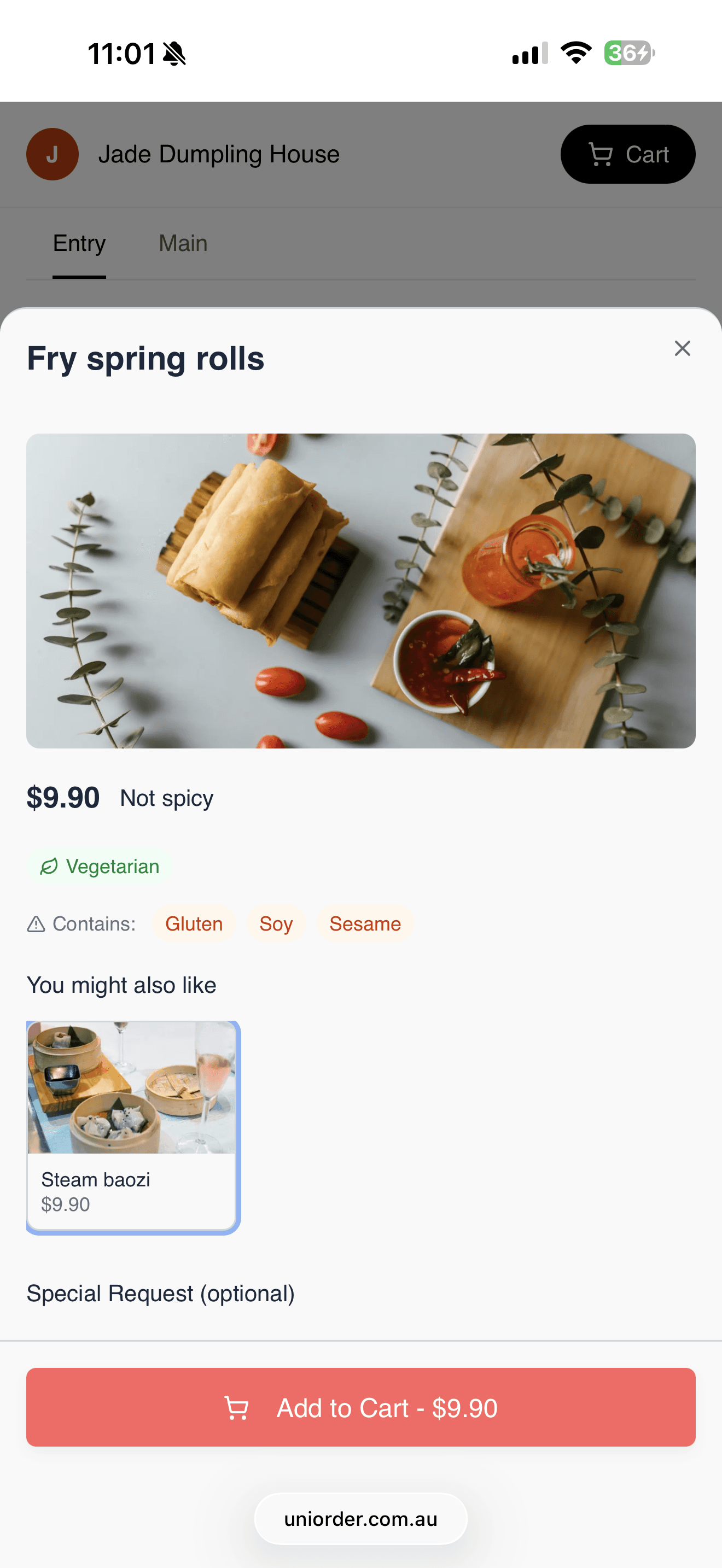 Dish details with price, allergens, suggestions, and add to cart button