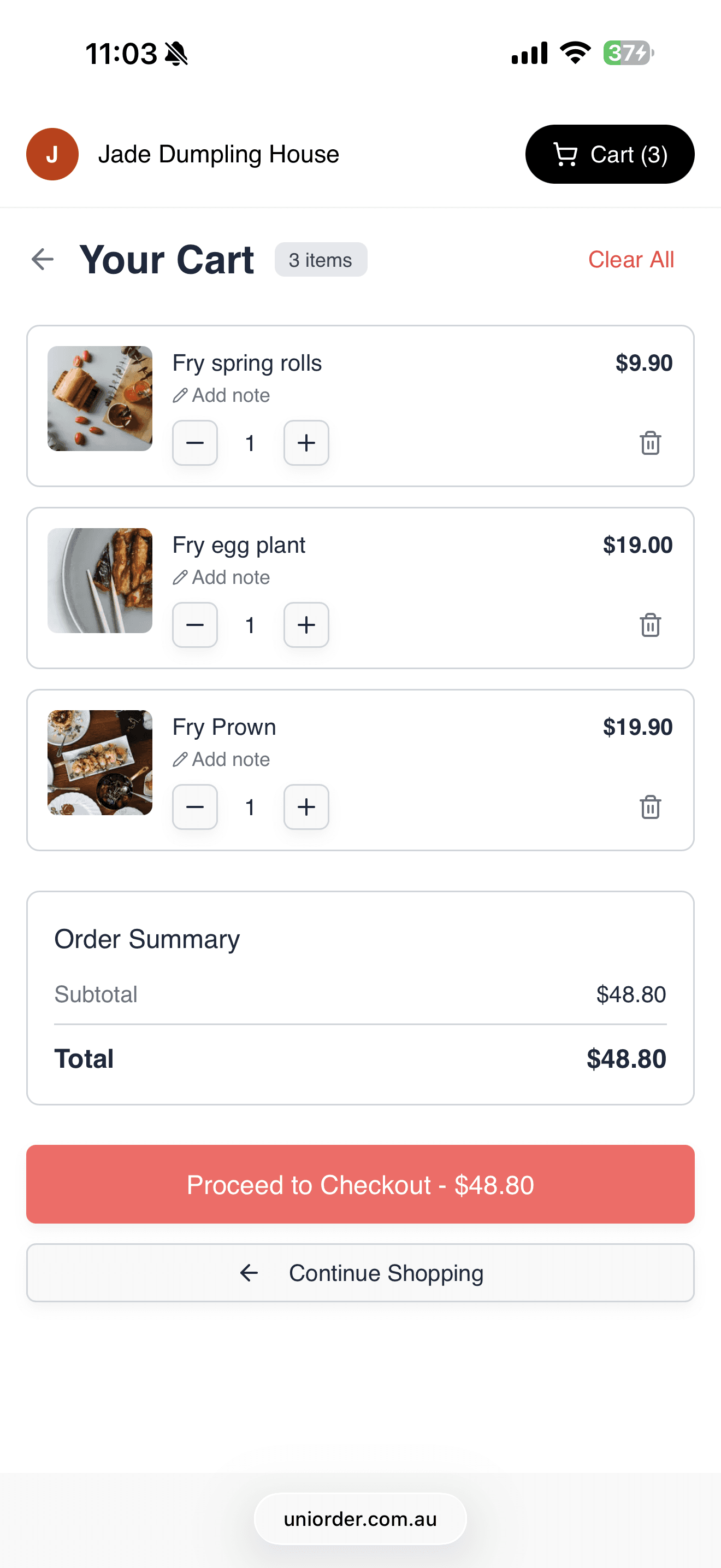 Cart with three items, quantities, and order summary