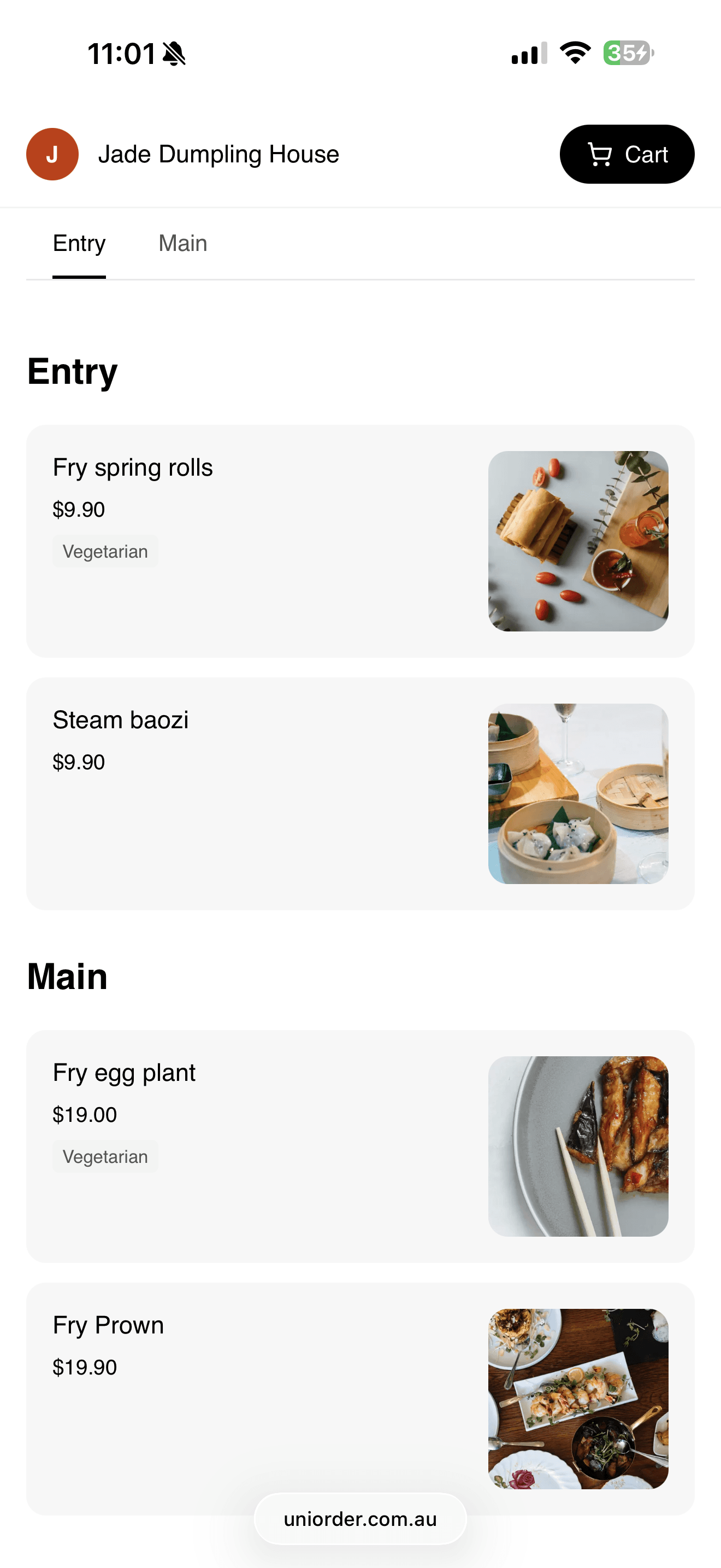 Mobile menu with Entry and Main categories and dish photos