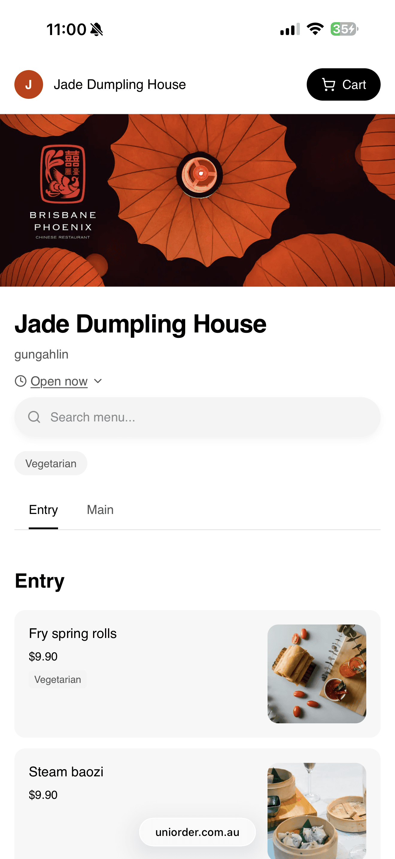 Mobile storefront with restaurant banner, opening hours, and menu search