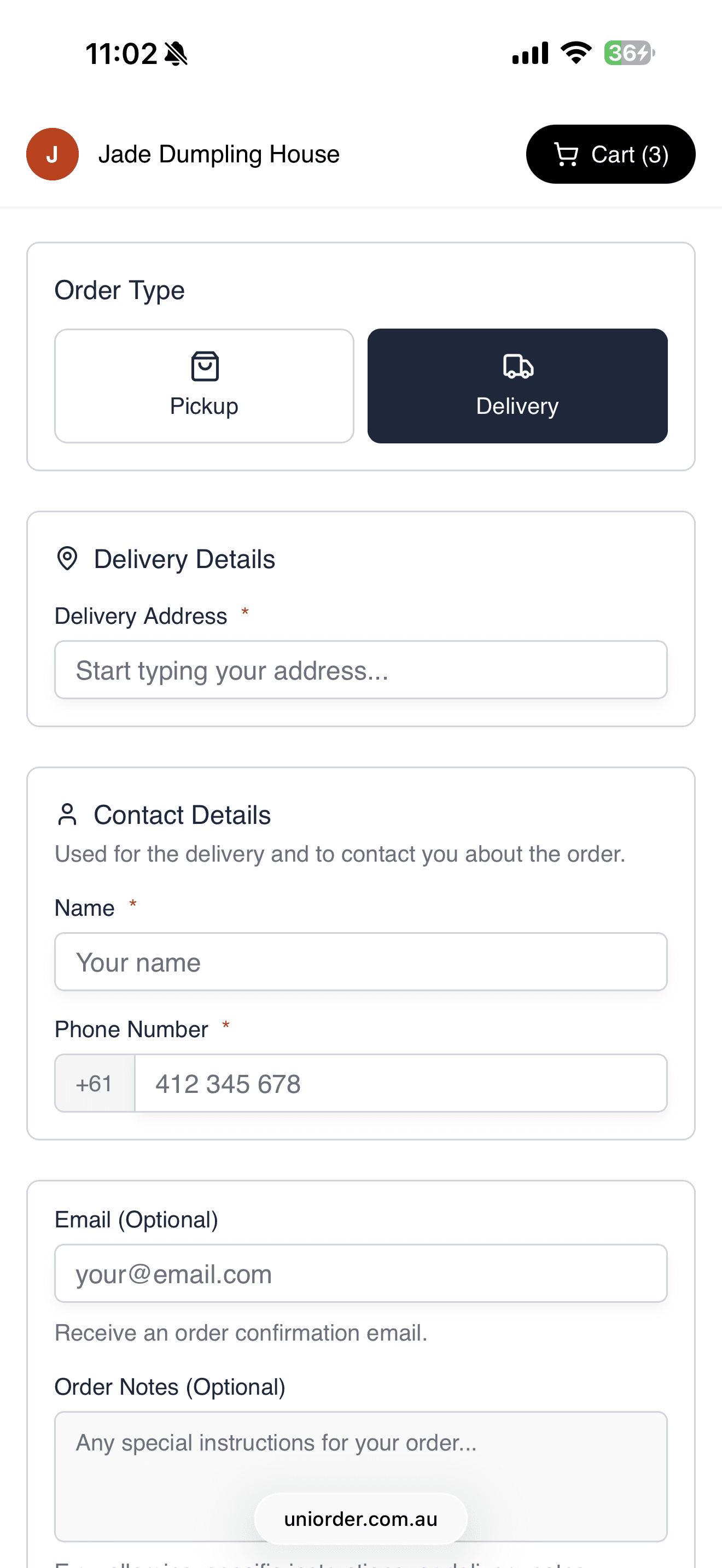 Checkout with pickup or delivery selection, address, and contact details